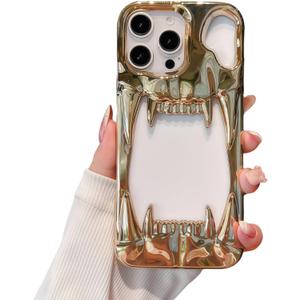 Gothic 3D Hollow Horror Devil Pattern Case for iPhone 16 Plus, [Luxury Chrome Color Plating] [Heat Dissipantion Thermal Design] Shockproof Bumper for Halloween- Gold