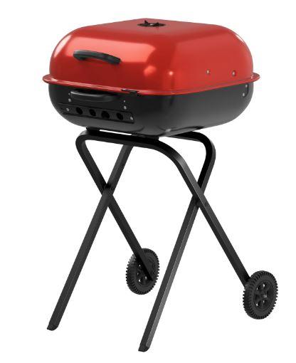 100% Pre-Assembled Portable Steel Charcoal Grill (Red) - Foldable Legs with Wheels for Outdoor Grilling