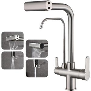 HUAHUALALA 3 in 1 Water Filter Purifier Kitchen Sink Faucet, Pull Down Sprayer 2 Handle with Brass Drinking Water Faucet, Four Function Sprayer, Brushed Nickel