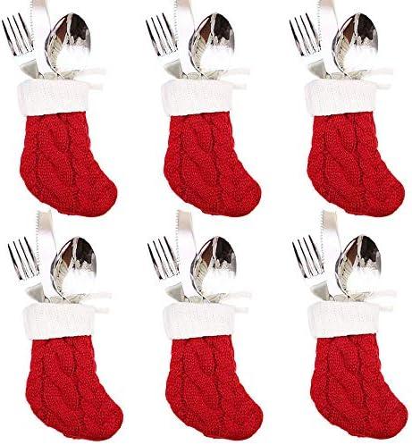DegGod 6Pcs Christmas Tableware Silverware Holders Set, Red Knitted Christmas Stockings Knife and Fork Bags Covers for Thanksgiving New Year Party Decorations Xmas Dinner Table Decor Ornaments (Red)