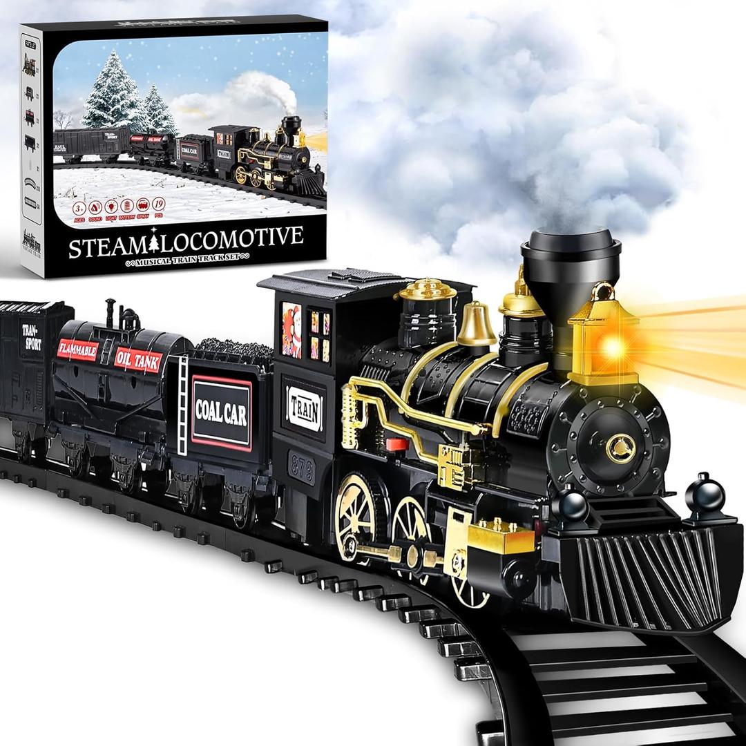 Shemira Christmas Train Set, Train Toys for Boys Girls,Toy Train with Light Smoke and Sound, Steam Train Set for Around Christmas Tree, Toys Gifts for 3 4 5 6 7 8+ Year Old Kids (Carbon Black)