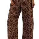 IWOLLENCE Women's Cheetah Printed Corduroy Pants Elastic Waist Cord Baggy Cropped Wide Leg Barrel Pant Brown Leopard, S (S)