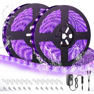 LED UV Black Light Strip Kit, Ultraviolet Waterproof IP65 32.8FT/10M 3528 600LEDs, 395nm-405nm Blacklight for DJ Bar Club Party Decor Night Fishing with 12V Power Supply
