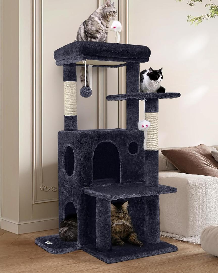 Globlazer Cat Tree Tower for Indoor Cats, 50-inch Adult Cat Tree House for Large Adult Cats with Steps, Scratching Post, 2 Cat Caves, Dangling Toys, FC50, Dark Grey