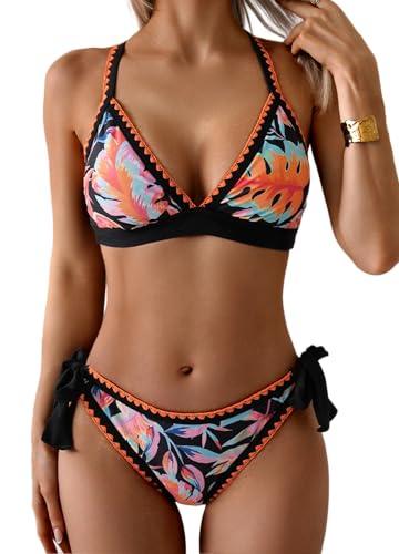 Aidonger Bikini Sets for Women Floral Two Piece Bathing Suit V Neck Shell Stitched Swimsuit Tie Side Triangle Swimwear S