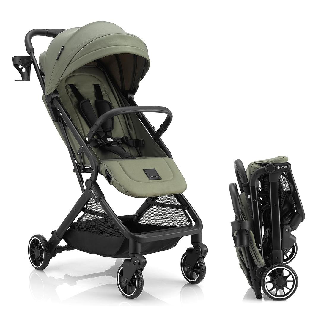 Gromast Compact Fold Baby Stroller, Lightweight Travel Toddler Stroller with One-Click Fold, Extendable UPF50+ Canopy, Cup Holder, UV Protected and Waterproof, One-Hand Folding - Green