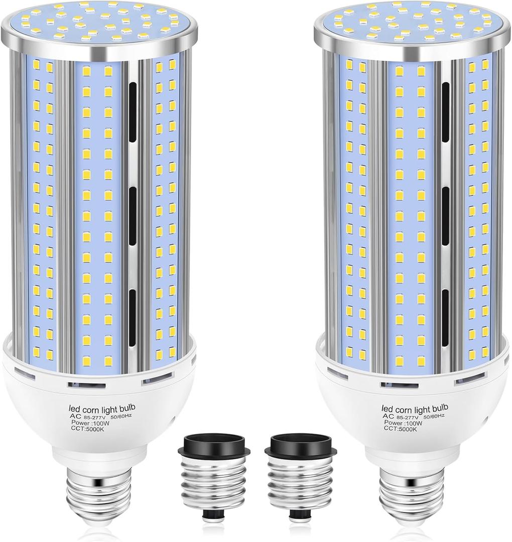 XYCN 2 Pack 100W Corn LED Light Bulb Fanless, 5000K Daylight(1000 Watt Equivalent) E26/ E39 Large Mogul Base LED Cob Lamp 15, 800LM for Outdoor Indoor Garage Warehouse Factory Workshop Street Backyard