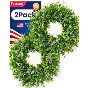 2Pack 20in Eucalyptus Wreath for Front Door, Double Wreaths for Front Door, Artificial Green Leaves Greenery Wreath, All Season Wreath for Porch Window Wall Farmhouse Indoor Outdoor Home Decor