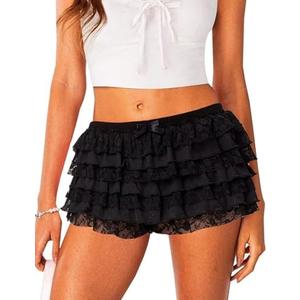 Rapbin Womens Lolita Bloomers Cute Ruffle Shorts Layered Lace Skirts Elastic Waist Bow Front Y2k Micro Boyshorts, XL