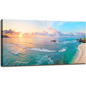 XXMWallArt FC3962 Tropical Beach Wall Art Blue Sea Sunset Natural Scenery Picture Print On Canvas Seascape Canvas Print Artwork for Living Room Bedroom Kitchen Home and Office Wall Decor, 48"L x 24"W