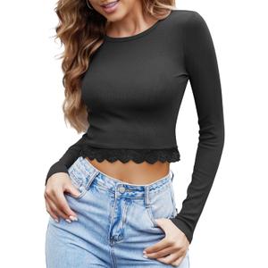 Womens Long Sleeve Crop Shirts Ribbed Slim Fit Tops Lace Crop Top Sexy Y2K Tee Shirts Crew Neck Fall Going Out Tees (Black, XS)