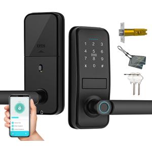 Smart Lock, Keyless Entry Door Lock with Sleek Matte Black Handle, Electronic Keypad Deadbolt, Fingerprint & Touchscreen Keypad, Biometric Door Lock, Bluetooth Smart Lock for Front Door (Black)