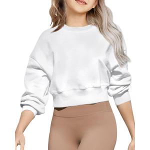 Girls Crew Neck Long Sleeve Cropped Sweatshirts Cute Loose Fit Pullover Tops (13 Years, White)