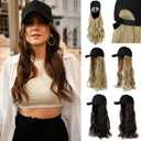Baseball Hat Wig,Hat with Hair attached 24'' Adjustable Black Cap with Long Wavy Synthetic Hair Extensions for Women Girls(Light Brown)