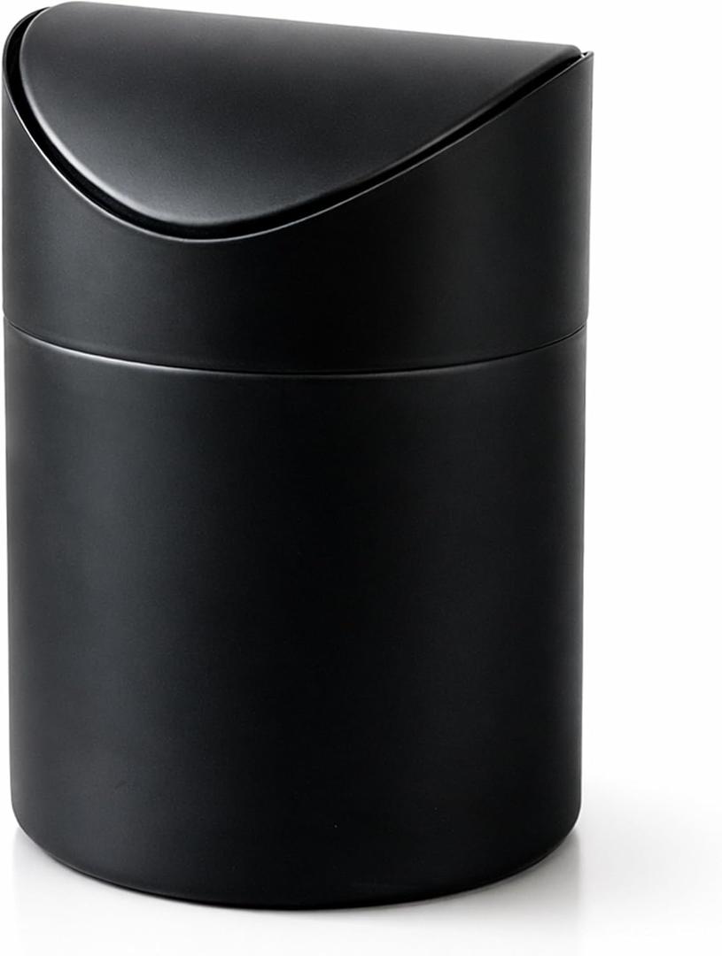 Small Mini Trash Can with Lid, Matte Black Tabletop Garbage Can, Tiny Countertop Trash Can for Coffee Bar & Office Desk, Premium Metal Swing Top Waste Bin for Makeup Vanity, 1.5 L/0.40 Gal (Black)