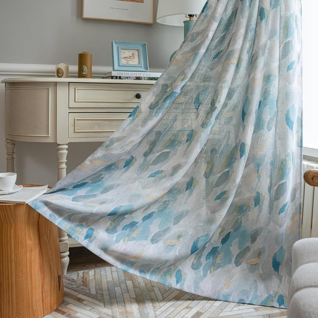 MEETSKY Curtains 95 Inches Length for Living Room Light Filtering Window Long Panels Leaf Print Classical Drapes Home Decor Burlap Effect Drapes for Bedroom 2 Panels Window Grommet, 52" Wide, Blue