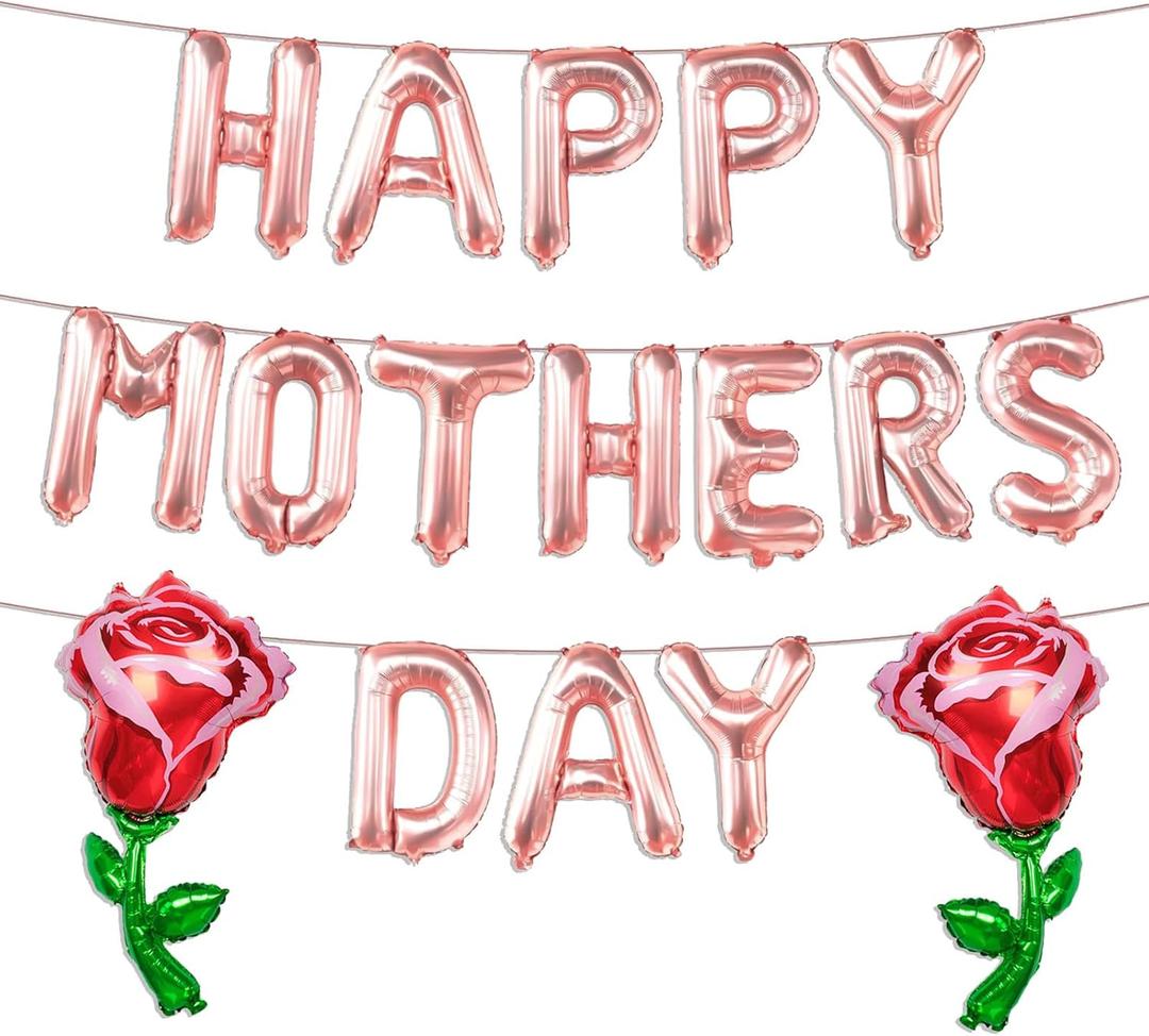 2 x Rose Gold Happy Mothers Day Balloons 16 Inch Mothers Day Balloons Red Rose Balloons for Mother's Days Party Decorations