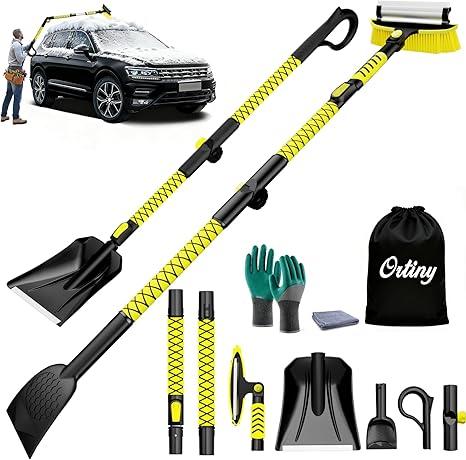 7 in 1 Snow Shovel & Snow Brush Kit with Ice Scrapers for Car Windshield,62.2” Extendable & Bendable Thicken Aluminum Tube for Easy Roof Cleaning,180° Pivoting Brush Head & EVA Grip,Yellow