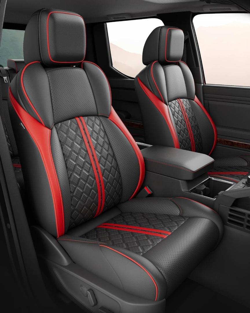 Custom Seat Covers for Tacoma 4th Gen 2024 2025 2026 Double Cab SR5/TRD Sport/TRD Off-Road/SR Full Set with Console Covers, Waterproof Leather Back and Front Seat Protectors Black Red