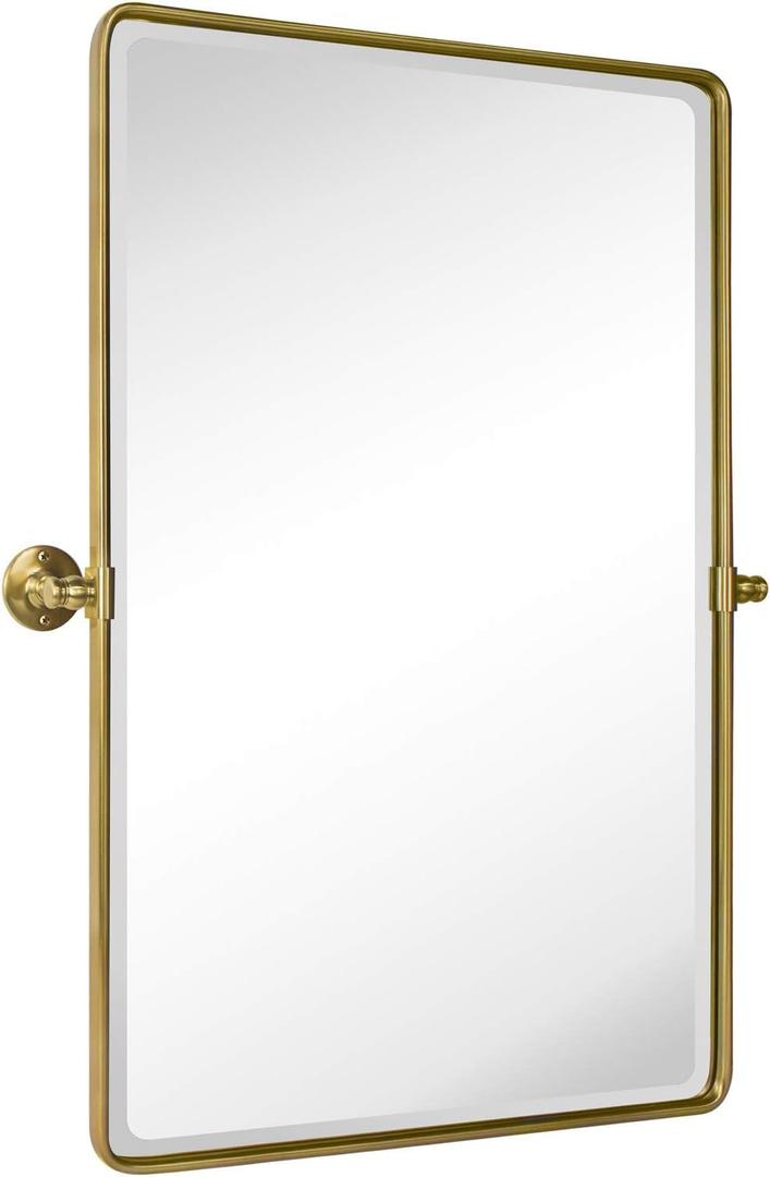 TEHOME Gold Pivot Rectangle Bathroom Vanity Mirrror Farmhouse Tiltable Rounded Metal Framed Pivoting Bathroom Mirror with Beveled Mirrror, Overall 26.91 x 35 inches (Mirrror 23 x 35 inches)