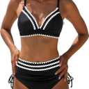 popvil High Waisted Bikini Sets for Women Tummy Control Swimsuits Two Piece Neon V Neck Drawstring Bathing Suits 2026 (Small, Black)