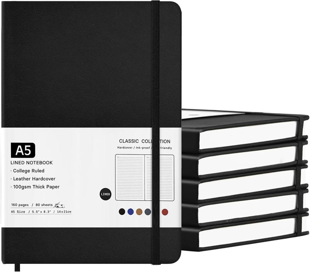 6 Pack Journal Notebooks College Ruled Notebook Classic Leather Hardcover Lined Journals for Writing Office School Home Business, 8.3 x 5.5, 100GSM Thick Paper, 160 Pages (Black, A5)