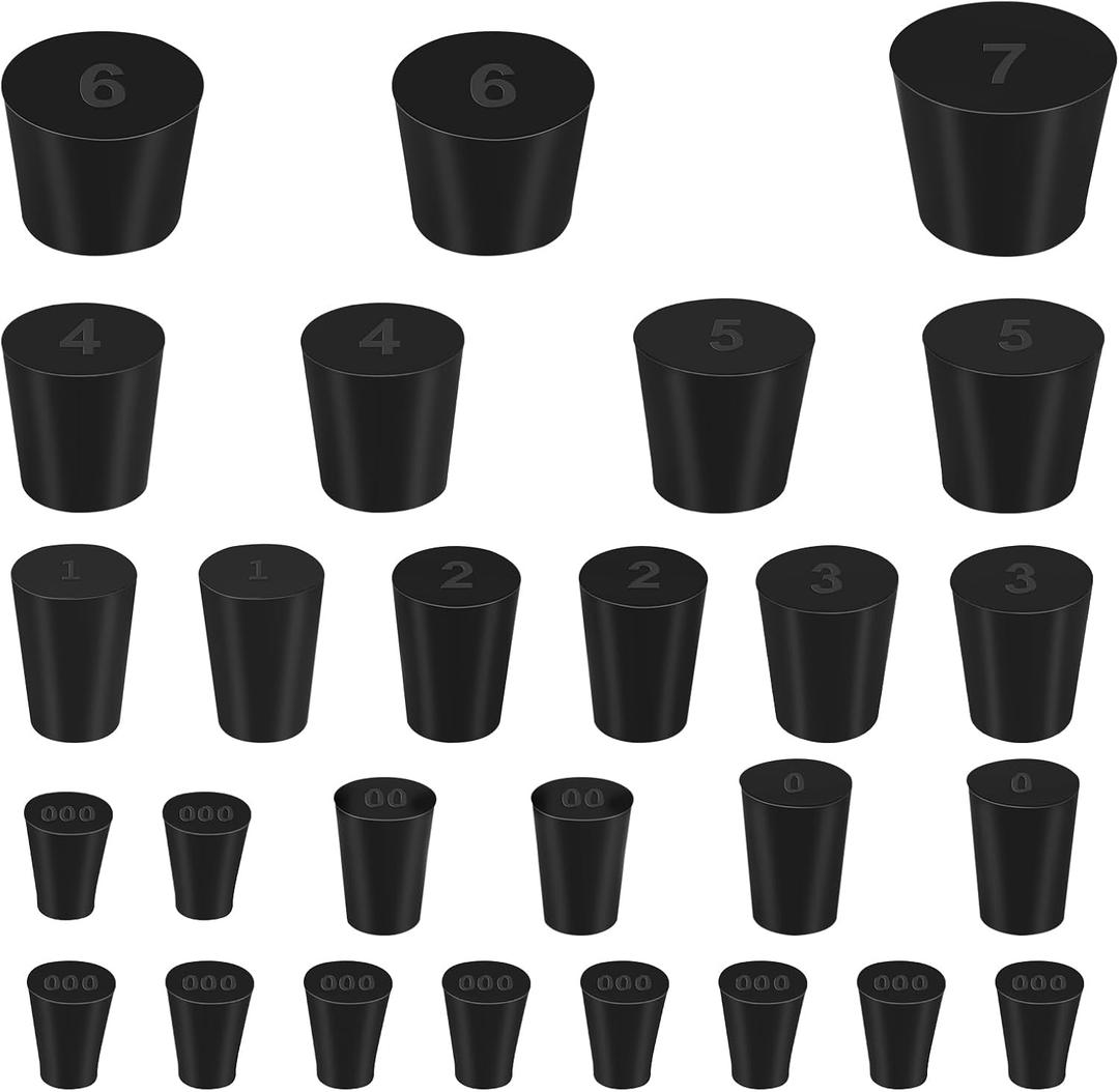 27 Pack (10 Assorted Sizes) 000# - 7# Tapered Lab Bungs Solid Rubber Stoppers