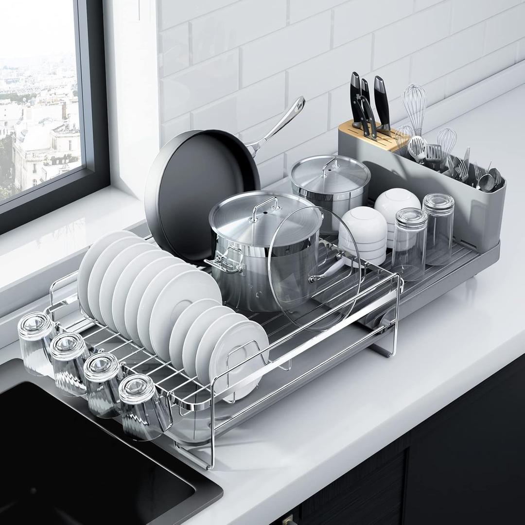 Kitsure Large Dish Drying Rack - Extendable Dish Rack, Multifunctional Dish Rack for Kitchen Counter, Anti-Rust Dish Drainers with Cutlery & Cup Holders 19.2"-26.7" L x 12.9" W, Sliver (Silver)