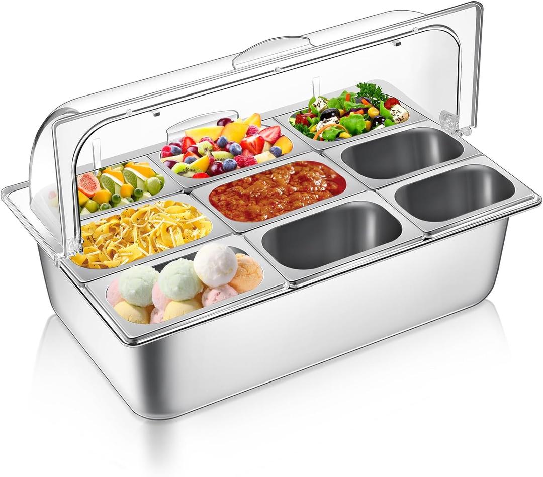 Countertop Food Serving Display Container and Clear Roll Top Cover Stainless Steel Food Serving Tray Buffet Condiment Dispenser Display Rack for Restaurant Hotel Kitchen Party (9 Pan)