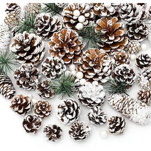 Whaline 170Pcs Christmas Pine Cones Berry Pine Branch Set Snow Pinecones Pendant White Winter Holiday Ornament for DIY Crafts Home Decorations Xmas Tree Gift Tag Party Supplies, Assorted Sizes