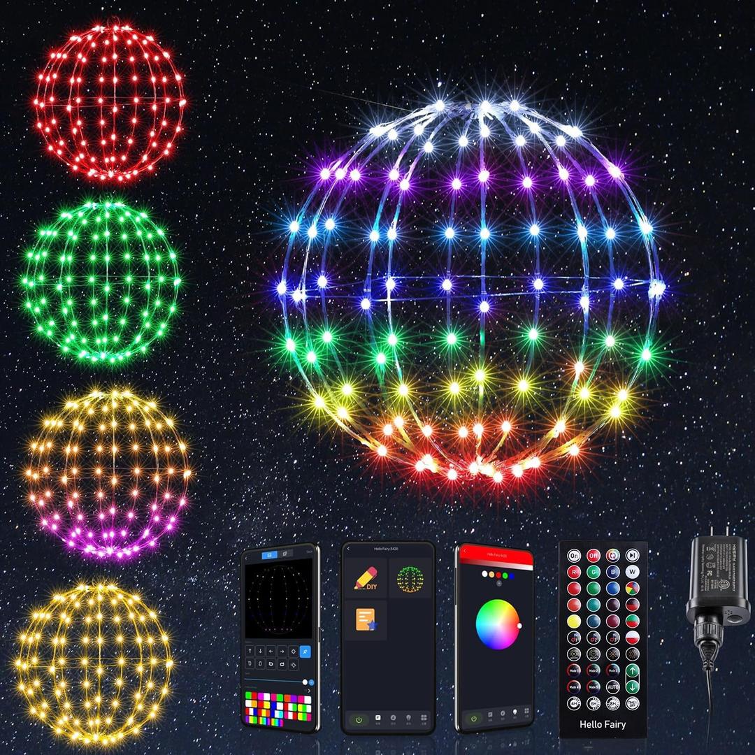 Joomer Smart RGB Christmas Hanging Ball Lights, 12in 108 LED Foldable Color Changing Xmas Light, App and Remote Control, Waterproof Outdoor Fairy Globe Lights for Christmas Decor (Non-Connectable) (RGB (Red, Green, Blue))