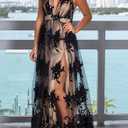 Dokotoo Womens Formal Dresses Deep V-Neck Embroidered Lace Mesh Evening Party Prom Dress Long Wedding Dress (Black, L)