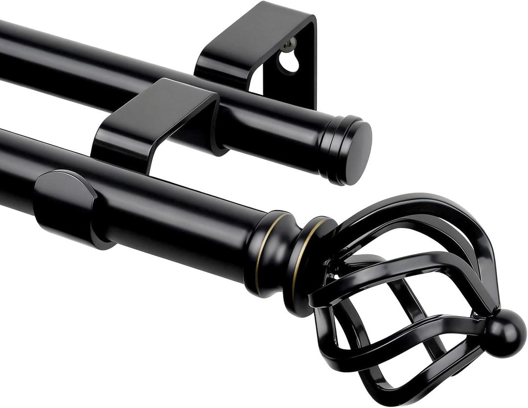 KAMANINA Double Curtain Rod 72 to 144 Inches(6-12 Feet), Black Heavy Duty Curtain Rods for Windows 66 to 120 Inches, 7/8 Inch Drapery Rod with Twisted Cage Finials