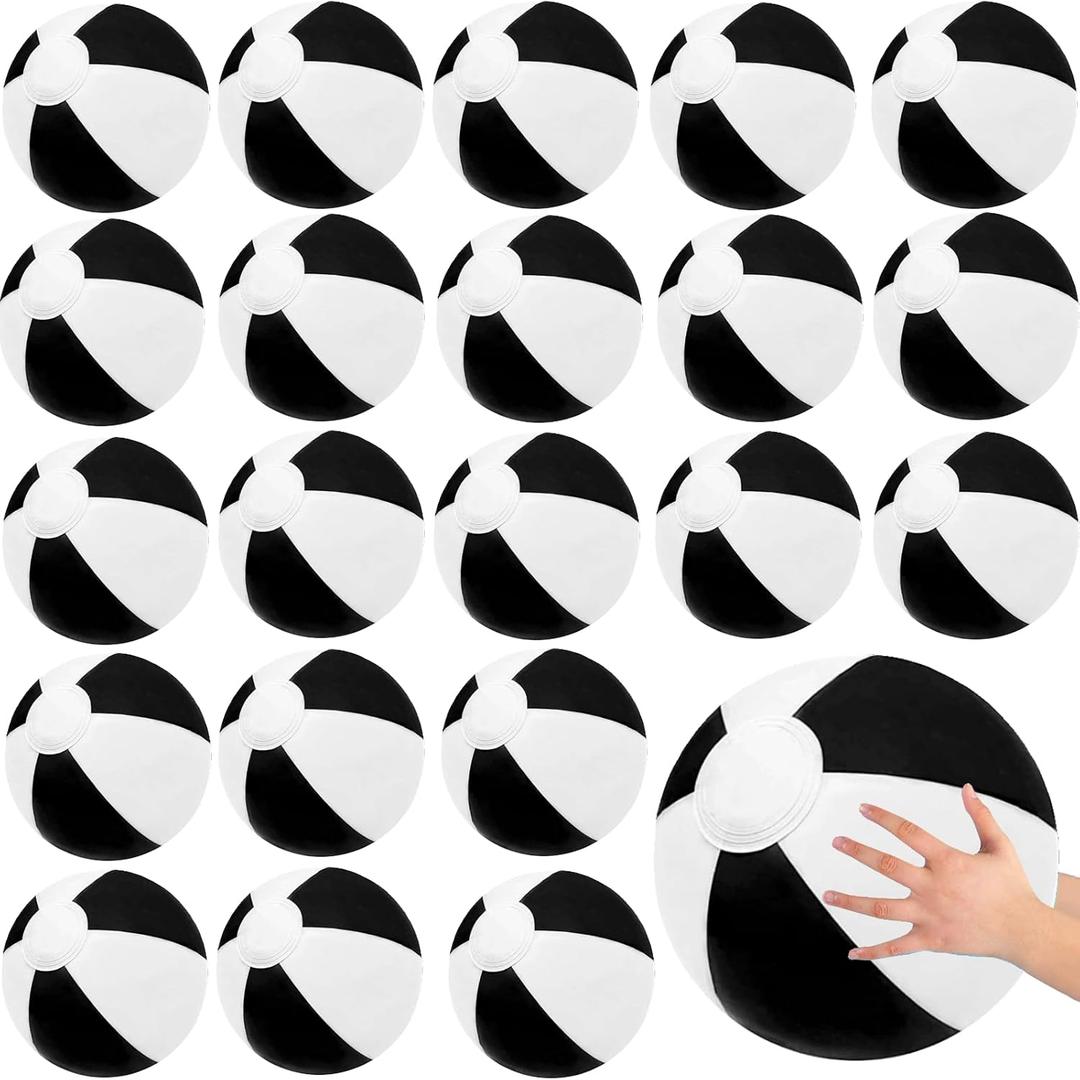 Beach Balls Bulk, 12" Black White Color Inflatable Beach Ball for Summer Water Games Party Supplies (Pack of 24)