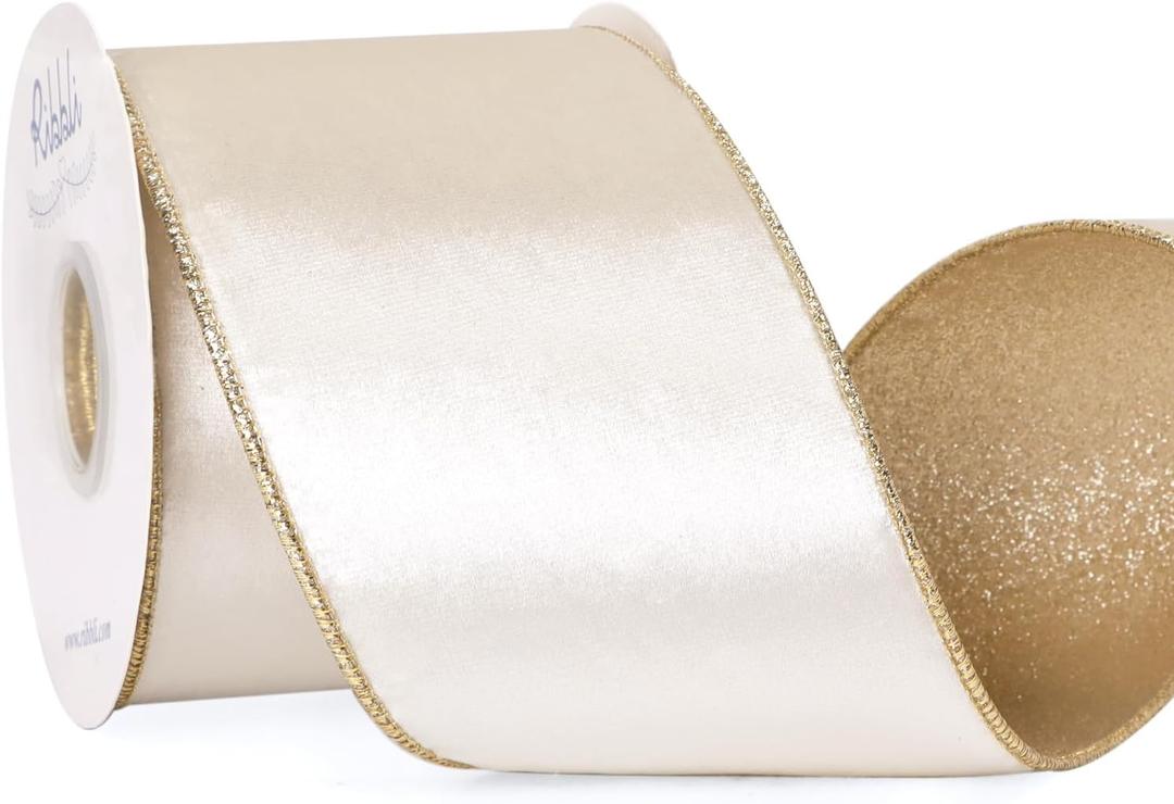 Ribbli Ivory Velvet Ribbon Wired 4 Inch Glossy Velvet with Glitter Christmas Ribbon for Christmas Tree Decoration Big Bow Gift Wrapping Crafts Wreaths Supplies - Continuous 10 Yards