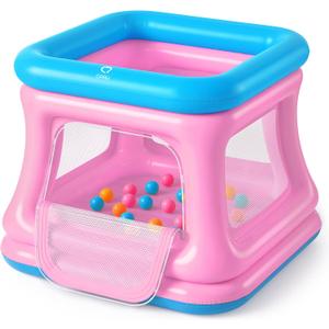 QPAU 3-in-1 Inflatable Bounce House for Toddlers 1-3, Ball Pit & Trampoline, Inflatable Bouncy House with Safety Net, Indoor & Outdoor Bubble Bouncer Baby Play YardBlue & Pink, 43.3" X 43.3" X 34.6"