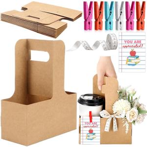 Reallnaive 12 Set Teacher Appreciation Gifts Bulk 2 Cup Drink Carriers with Handle Ruler Ribbon Teacher Appreciation Week/day Thank You Gifts Flower Bags with Thanks Cards(Classic,Kraft Paper Brown)