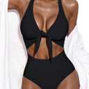 WDIRARA Women's Halter One Piece Monokini Cut Out Tie Front High Cut Swimwear, Large
