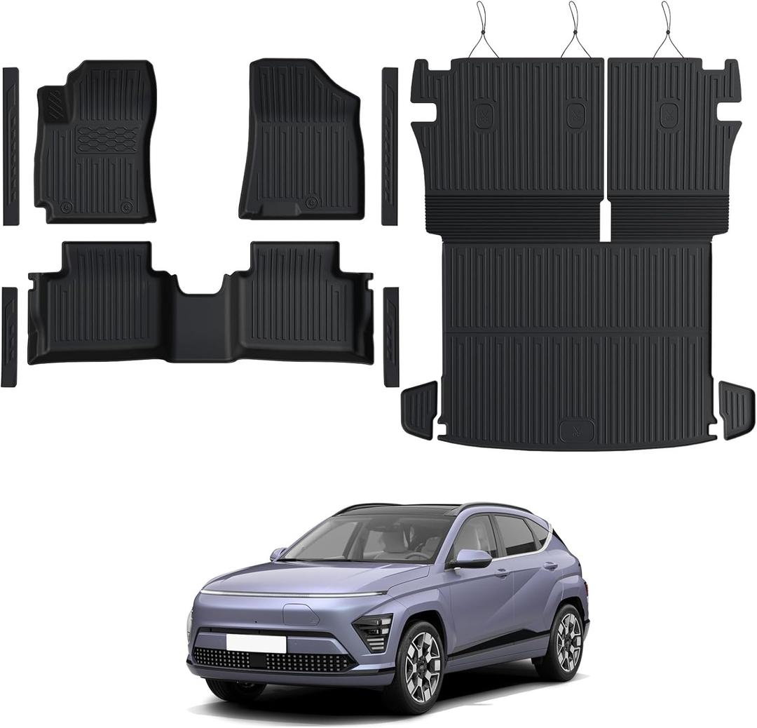 Floor Mats for Hyundai Kona Gas 2024-2026, All Weather Floor Mats Trunk Cargo Liner with Backrest Protectors and Door Sill Guards Accessories, Full Coverage Set