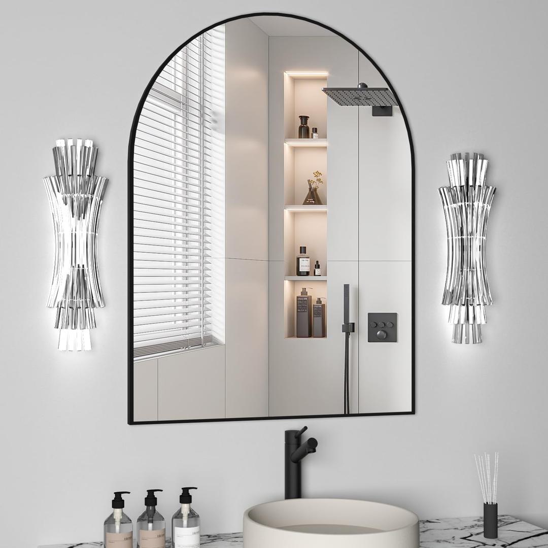 Arched Wall Mirror for Bathroom, 30"x40" Arched Mirror Wall Mounted Mirror with Metal Frame, Black Vanity Mirror Decor for Mantle, Bedroom, Entryway, Living Room