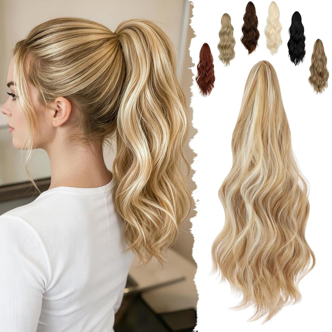 FELENDY 16" Ponytail Extension Long Curly Wavy Ponytails Clip in Claw Hair Extension Pony Tails Natural Looking Synthetic Hairpiece for Women Bleach Blonde mix Light Blonde