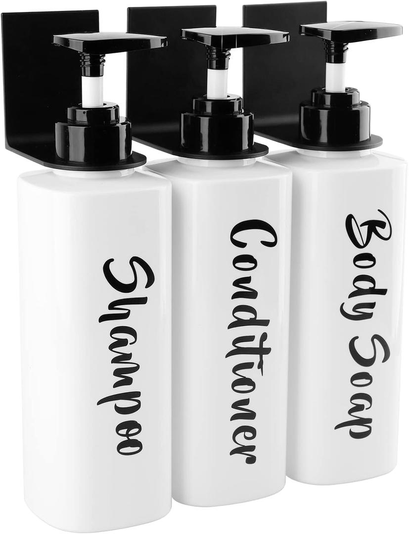 16.9oz Shampoo Dispenser for Shower Wall 3 Chamber, Drill Free Shampoo and Conditioner Dispenser Wall Mounted Shower Soap Dispenser Shampoo Bottles for Home Bathroom Hotel Commercial Use White (White With Shelf)