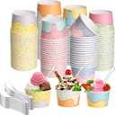 Boao 100 Set 5 oz Ice Cream Cups with Spoons Disposable Paper Sundae Dessert Bowls Summer Party Supplies (Confetti Style)