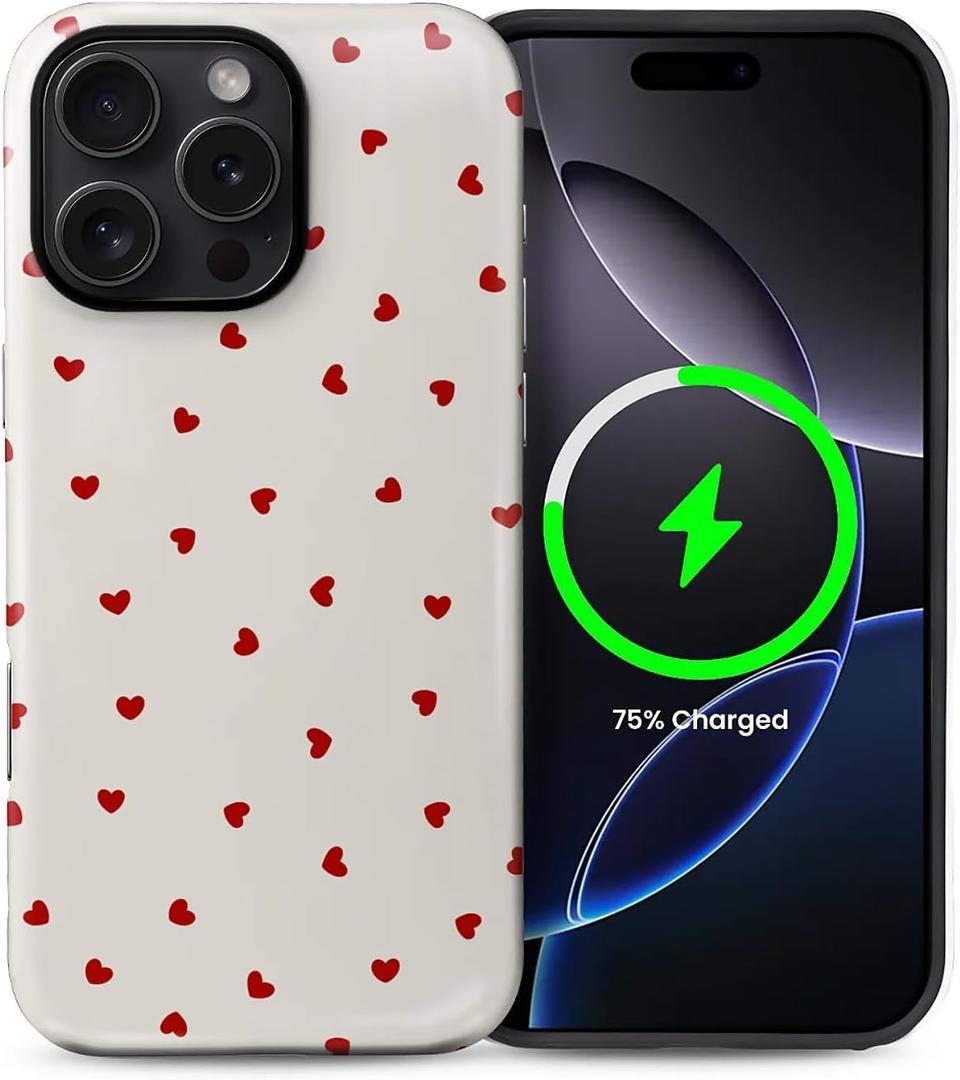 for iPhone 16 Pro Case,Compatible with MagSafe,Dual-Layer Hard Shell + Silicone Cover,Full Body Protection Shockproof Case for iPhone 16 Pro-Red Hearts Girly Aesthetic