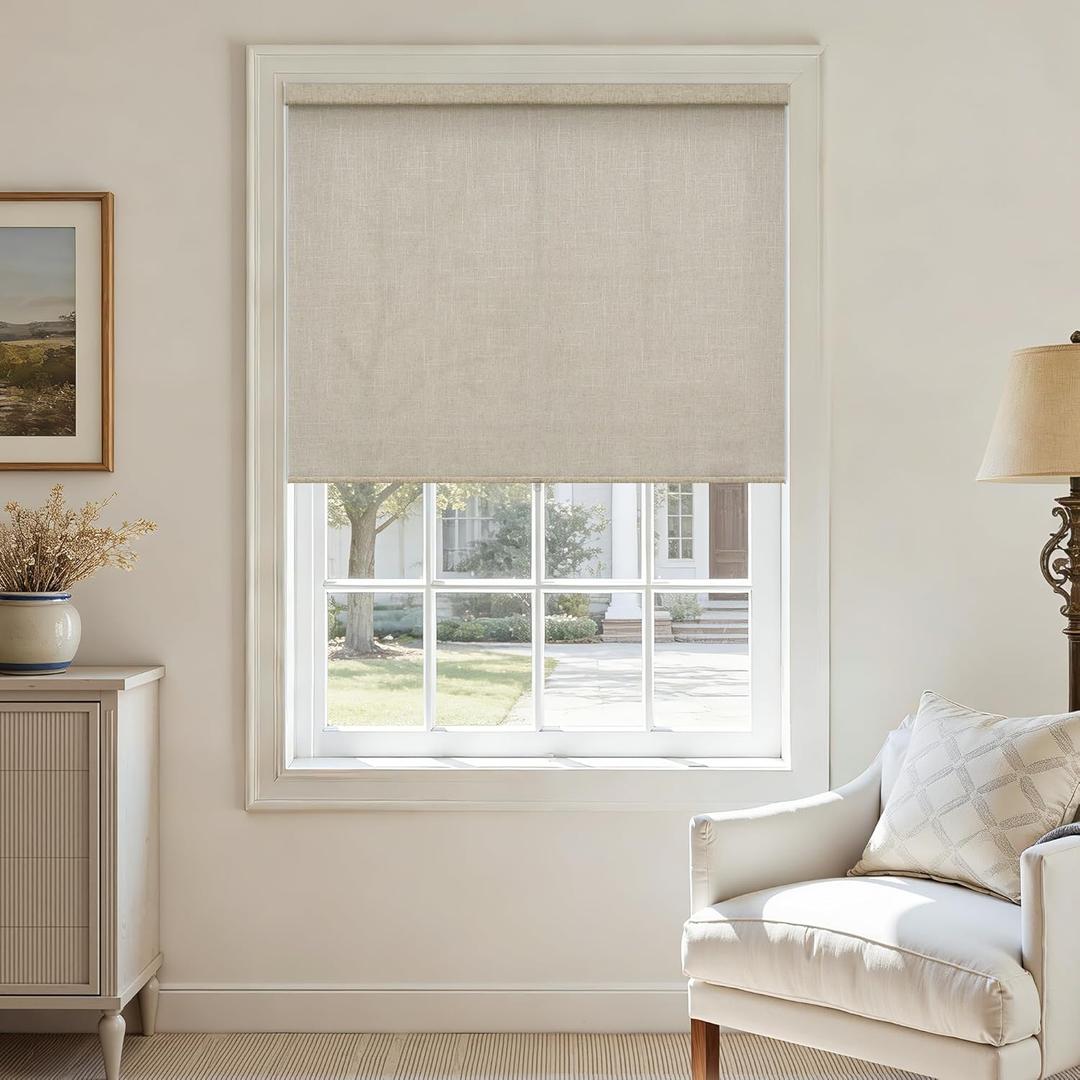 Light Filtering Roller Shades Cordless Blinds for Indoor Windows, Free-Stop Semi Sheer Shades with Valance Linen Flax Semi Transparent Natural Tan Beige Blinds Bedroom Living Room Decor  Linen, 36"W x 72"H