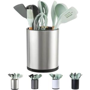 LIBODOUR Kitchen Utensil Holder Extra Large 360Rotating For Counter Organizer Stainless Steel Storage Cooking Silverware Caddy 3 Compartment Flatware Spoon Spatula Tool Cutlery ContainerSilvery