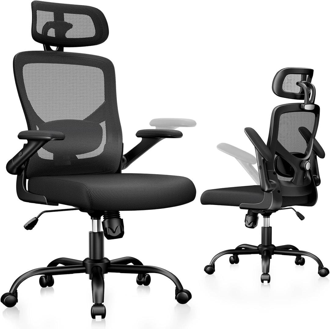 Marsail Ergonomic Mesh Office Chair, High Back Desk Chair with Height Adjustable Flip-Up Arms, Lumbar Support, Headrest, Swivel Computer Task Chair for Home, Office, Gaming