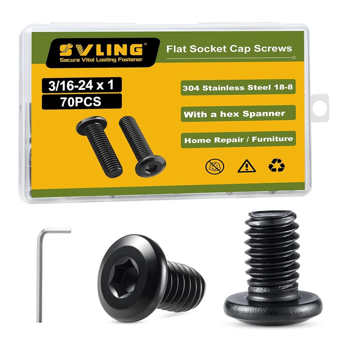 3/16-24 x 1" Bolt, 70PCS Flat Head Hex Socket Cap Screws Bolts, 304 Stainless Steel 18-8, Fully Threaded, Black Zinc Finish, with Hex Spanner