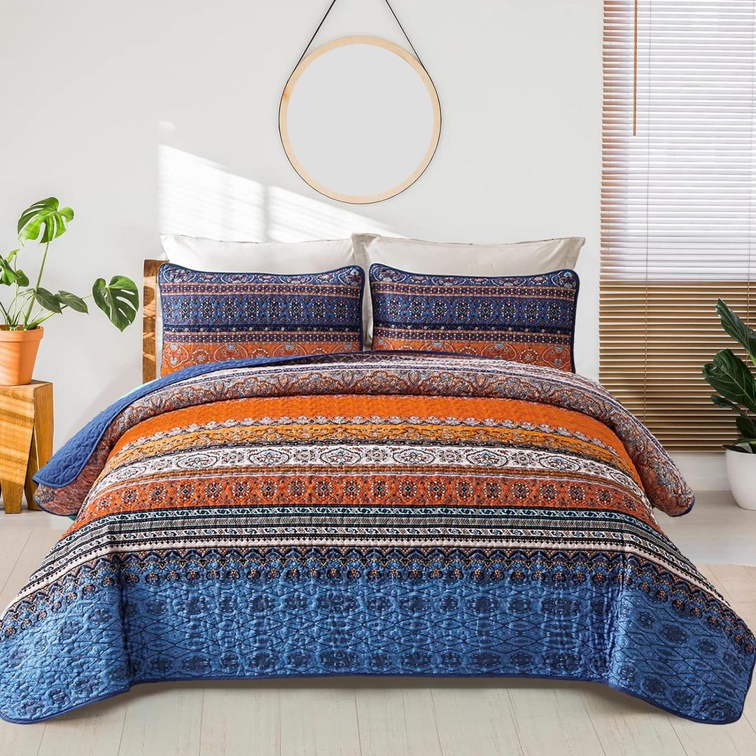 WONGS BEDDING Boho Fall Queen Quilt Set, Blue and Orange Bohemian Queen Quilt Bedding Set, Lightweight Microfiber Bed Decor Bedspread for All Season 96"x90"(3 Pieces)