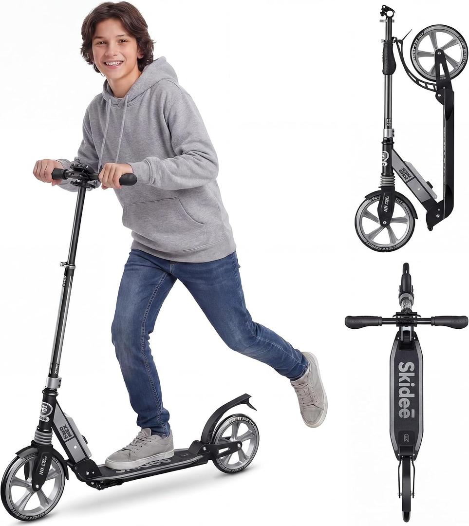 Skidee Kick Scooter for Kids Ages 6+ - Adjustable Handlebar Up to 41" High, Large Wheels, Anti-Shock Suspension - Foldable, Lightweight Scooters for Kids, Teens & Adults, Max Load 220 Lbs,Black & Silver